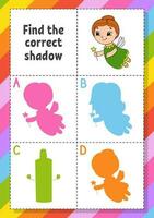 Find the correct shadow. Education developing worksheet for kids. Puzzle game. Activity page. cartoon character. Vector illustration.