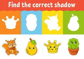 Find the correct shadow. Education worksheet. Matching game for kids. Color activity page. Puzzle for children. vector