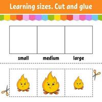 Learning sizes. Cut and glue. Easy level. Color activity worksheet. Game for children. Cartoon character. Vector illustration.