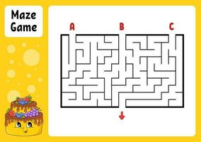 Rectangle maze. Game for kids. Three entrances, one exit. Education worksheet. Puzzle for children. Labyrinth conundrum. Find the right path. cartoon character. Vector illustration.