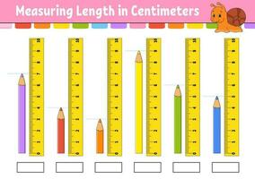 Measuring length in centimeter with ruler. Education developing worksheet. Game for kids. Color activity page. Puzzle for children. Cute character. Vector illustration. cartoon style.