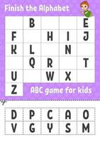 Finish the alphabet. ABC game for kids. Cut and glue. Education developing worksheet. Learning game for kids. Color activity page. vector