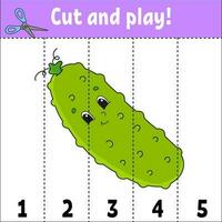 Learning numbers 1-5. Cut and play. Education worksheet. Game for kids. Color activity page. Puzzle for children. Riddle for preschool. Cartoon style. Vector illustration.