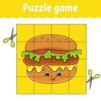 Puzzle game for kids. Education developing worksheet. Learning game for children. Color activity page. Barbecue theme. Riddle for preschool. Isolated vector illustration in cartoon style.