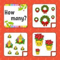 Counting game for children. Happy characters. Learning mathematics. How many object in the picture. Education worksheet. Christmas theme. Isolated vector illustration in cute cartoon style.