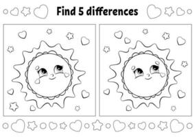 Find five differences. Coloring page for kids. Activity worksheet for children. Vector illustration isolated on white background.