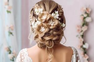 stock photo of wedding hairstyles for long hair look from back photography AI Generated