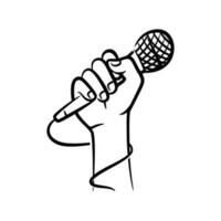 Hand holding microphone hand drawn line art illustration vector