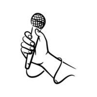 Hand holding microphone hand drawn line art illustration vector