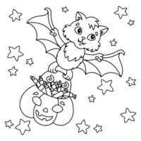 A cute bat carries a pumpkin basket with sweets. Halloween theme. Coloring book page for kids. Cartoon style. Vector illustration isolated on white background.