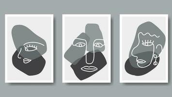 abstract wall art decoration with human face line art in monochrome color vector