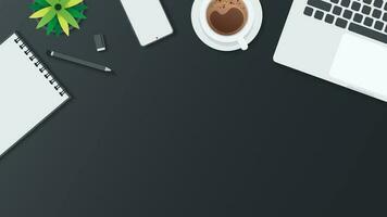 Cover and banner of working desk with gadget. Top view of table working and free space for text with computer, laptop, notebook, coffee cup, phone and paper. vector