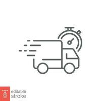 Fast delivery icon. Simple outline style. Truck with clock, stopwatch, express, quick time service concept. Thin line symbol. Vector illustration isolated on white background. Editable stroke EPS 10.