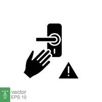 Avoid touching door knob surface icon. Simple solid style. Public door catch handle, button, safety concept. Black silhouette, glyph symbol. Vector illustration isolated on white background. EPS 10.