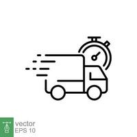 Fast delivery icon. Simple outline style. Truck with clock, stopwatch, express, quick time service concept. Thin line symbol. Vector illustration isolated on white background. EPS 10.