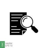 Case study icon. Simple solid style. Research, report, document, magnifying glass, find file page concept. Black silhouette, glyph symbol. Vector illustration isolated on white background. EPS 10.