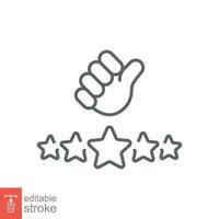 Customer review icon. Simple outline style. 5 stars rate with thumb up, satisfaction, good quality concept. Thin line symbol. Vector illustration isolated on white background. Editable stroke EPS 10.