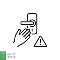 Avoid touching door knob surface icon. Simple outline style. Do not touch public door catch handle, button, safety concept. Thin line symbol. Vector illustration isolated on white background. EPS 10.