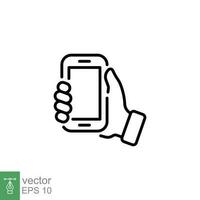 Hand holding phone icon. Simple outline style. Hand hold cell phone, smartphone device, technology concept. Thin line symbol. Vector illustration isolated on white background. EPS 10.