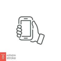 Hand holding phone icon. Simple outline style. Hand hold cell phone, smartphone device, technology concept. Thin line symbol. Vector illustration isolated on white background. Editable stroke EPS 10.