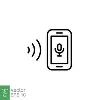 Voice recognition icon. Simple outline style. Speak control, mobile phone with sound wave, smart device concept. Thin line symbol. Vector illustration isolated on white background. EPS 10.