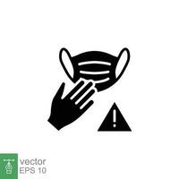 Avoid touching mask surface icon. Simple solid style. Do not touch, forbidden, hand, medical, safety concept. Black silhouette, glyph symbol. Vector illustration isolated on white background. EPS 10.