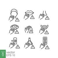 Avoid touching surfaces icon set. Simple outline style. Contamination face, mouth, nose, eyes, hand, mask, door knob, bus handle and lift panel button, safety concept. Thin line vector symbol. EPS 10.