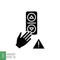 Avoid touching lift panel button icon. Simple solid style. Hand press elevator call button, safety concept. Black silhouette, glyph symbol. Vector illustration isolated on white background. EPS 10.