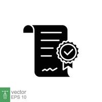 Approval document icon. Simple solid style. Paper with check mark, tick, checkmark, success contract concept. Black silhouette, glyph symbol. Vector illustration isolated on white background. EPS 10.