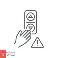 Avoid touching lift panel button icon. Simple outline style. Hand press elevator call button sign concept. Thin line symbol. Vector illustration isolated on white background. Editable stroke EPS 10.