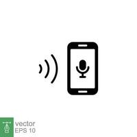 Voice recognition icon. Simple solid style. Speak control, mobile phone with sound wave, smart device concept. Black silhouette, glyph symbol. Vector illustration isolated on white background. EPS 10.