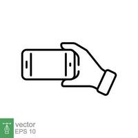 mano participación teléfono icono. sencillo contorno estilo. mano sostener célula teléfono, teléfono inteligente dispositivo, tecnología concepto. Delgado línea símbolo. vector ilustración aislado en blanco antecedentes. eps 10