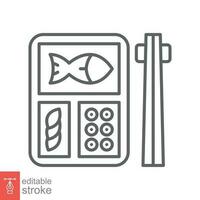 Bento icon. Simple outline style. Japanese lunchbox, chopsticks, fish, japan restaurant, asian food concept. Thin line symbol. Vector illustration isolated on white background. Editable stroke EPS 10.