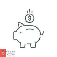 Save money icon. Simple outline style. Piggy bank, pig, coin, dollar, budget, economy, financial concept. Thin line symbol. Vector illustration isolated on white background. Editable stroke EPS 10.