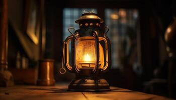 An old fashioned kerosene lantern glows in darkness generated by AI photo