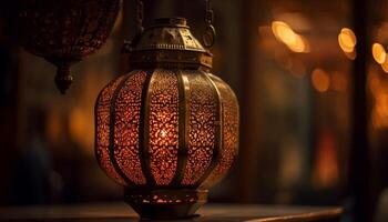 Glowing old fashioned lantern illuminates elegant Ramadan decor generated by AI photo