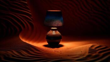 Glowing candle illuminates single lamp on table generated by AI photo