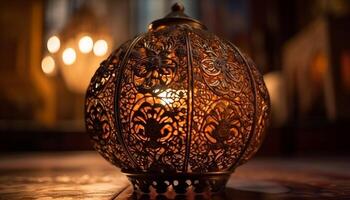 Glowing lantern illuminates ornate, old fashioned decoration indoors generated by AI photo