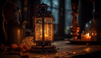 antiguo candelero ilumina rústico invierno mesa decoración generado por ai foto