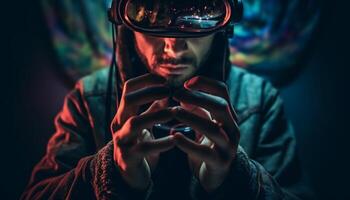 Males and females playing virtual reality games indoors generated by AI photo