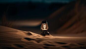 Glowing lantern illuminates sand dune at dusk generated by AI photo