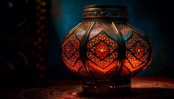 Antique lantern illuminated with multi colored electric lamp generated by AI photo