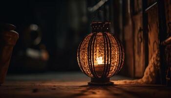 Antique lantern illuminates old fashioned rustic domestic room generated by AI photo