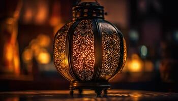 antiguo linternas brillante, decorando Ramadán celebraciones al aire libre generado por ai foto