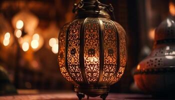 Glowing lantern adorned with ornate Arabic style generated by AI photo