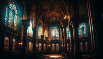 Stained glass window illuminates ancient Gothic architecture generated by AI photo