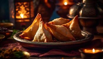 Fried samosas in crockery bowl on wooden plate generated by AI photo