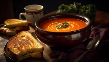 Fresh pumpkin soup with crusty bread slice generated by AI photo