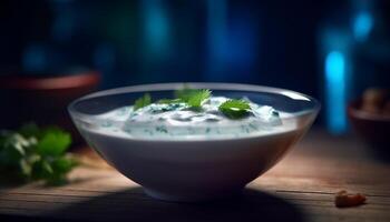 Healthy dip of tzatziki tops refreshing summer salad generated by AI photo