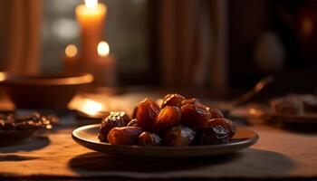 Selectively focused sweet fruit bowl on wooden table generated by AI photo